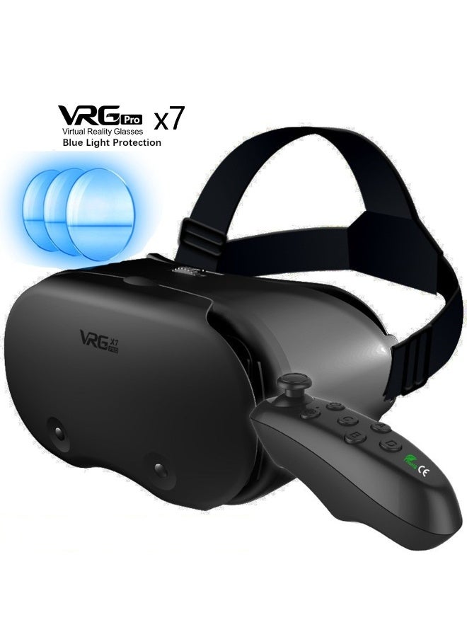 VRG VR Goggles VRG Pro X7 3D Virtual Reality VR Glasses, Blue Light Protection + Controller for Movies & Video Games Compatible with iOS & Android Smartphone within 5-7inch Screen Phone Eye Protected Soft & Comfortable Adjustable Distance Big Screen/ 3D Effect + Immersion /Full-Screen Vision, Full Screen, No Borders/ Immersive Games - Image 1